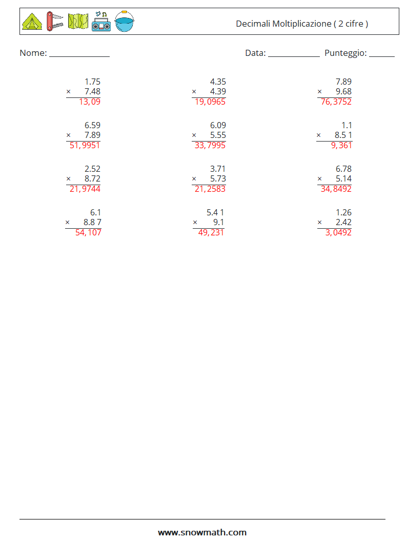 (12) Decimali Moltiplicazione ( 2 cifre ) Fogli di lavoro di matematica 4 Domanda, Risposta