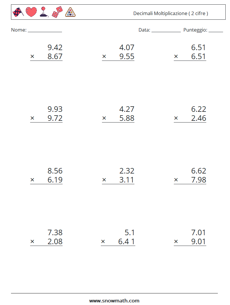 (12) Decimali Moltiplicazione ( 2 cifre ) Fogli di lavoro di matematica 5