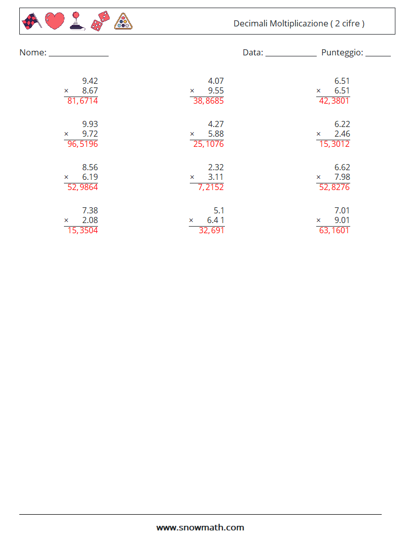 (12) Decimali Moltiplicazione ( 2 cifre ) Fogli di lavoro di matematica 5 Domanda, Risposta