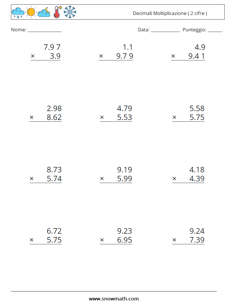 (12) Decimali Moltiplicazione ( 2 cifre ) Fogli di lavoro di matematica 6