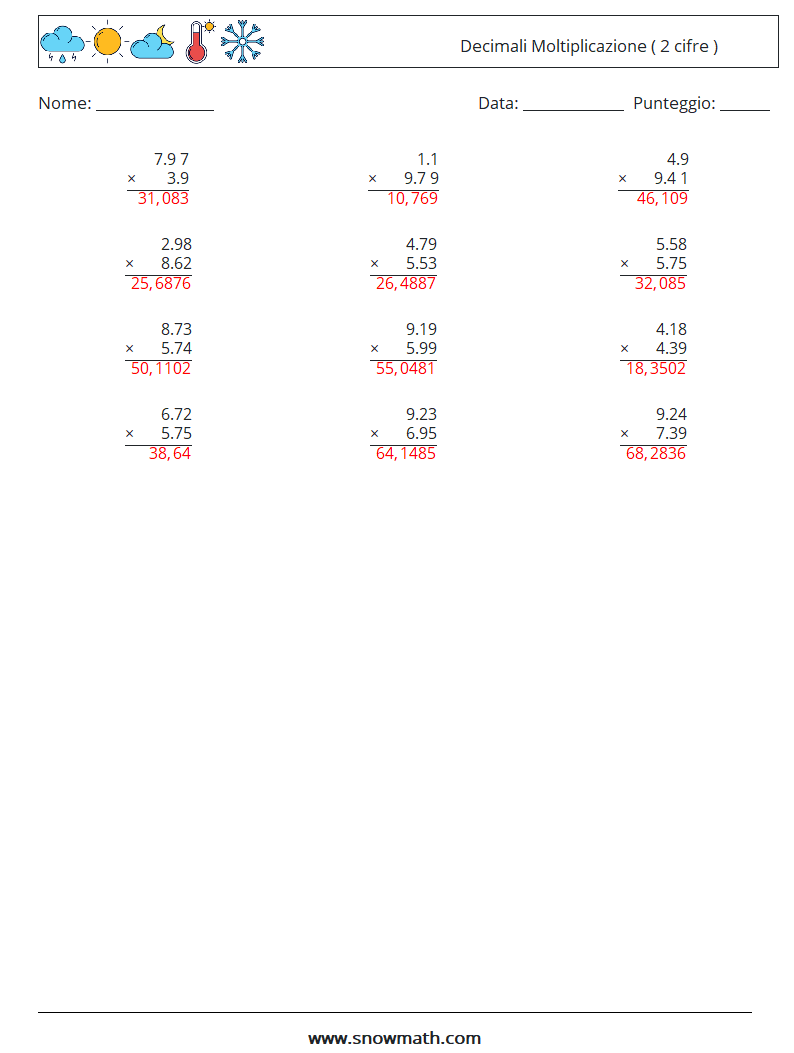 (12) Decimali Moltiplicazione ( 2 cifre ) Fogli di lavoro di matematica 6 Domanda, Risposta