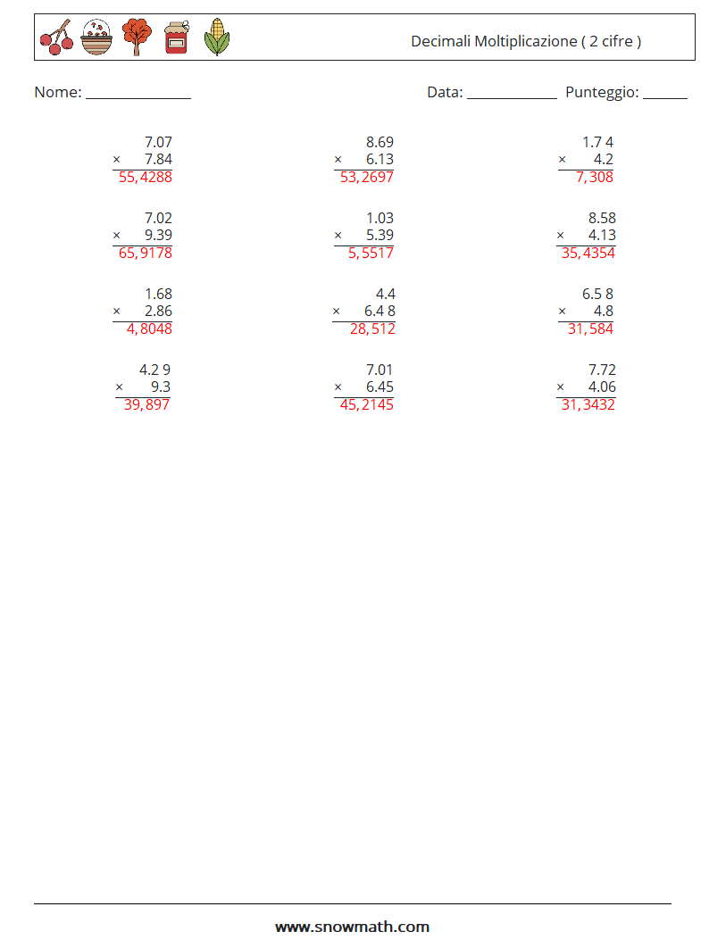 (12) Decimali Moltiplicazione ( 2 cifre ) Fogli di lavoro di matematica 8 Domanda, Risposta