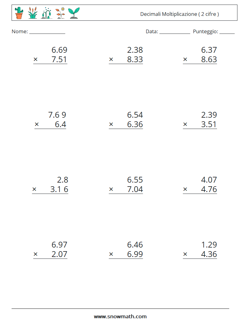 (12) Decimali Moltiplicazione ( 2 cifre ) Fogli di lavoro di matematica 9