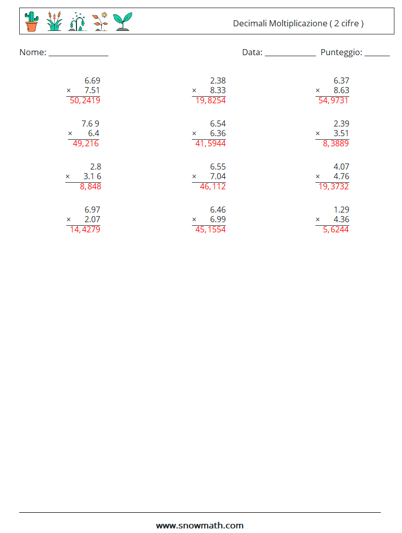 (12) Decimali Moltiplicazione ( 2 cifre ) Fogli di lavoro di matematica 9 Domanda, Risposta
