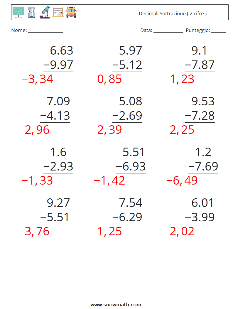 (12) Decimali Sottrazione ( 2 cifre ) Fogli di lavoro di matematica 11 Domanda, Risposta