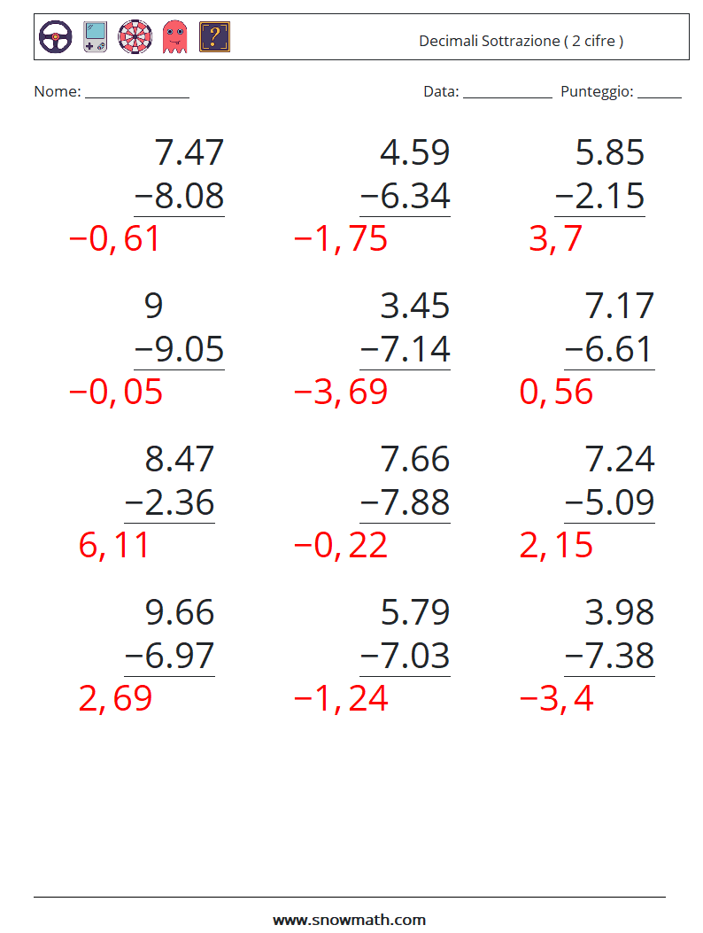 (12) Decimali Sottrazione ( 2 cifre ) Fogli di lavoro di matematica 17 Domanda, Risposta