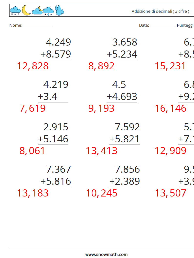 (12) Addizione di decimali ( 3 cifre ) Fogli di lavoro di matematica 12 Domanda, Risposta