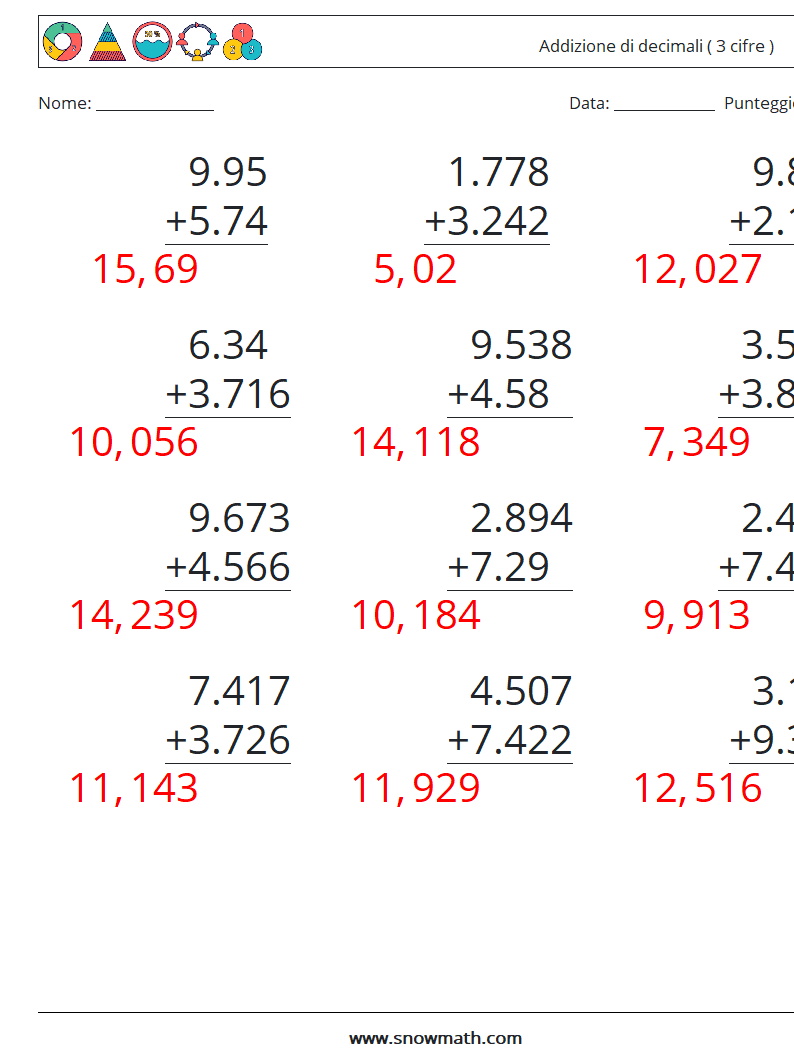 (12) Addizione di decimali ( 3 cifre ) Fogli di lavoro di matematica 16 Domanda, Risposta