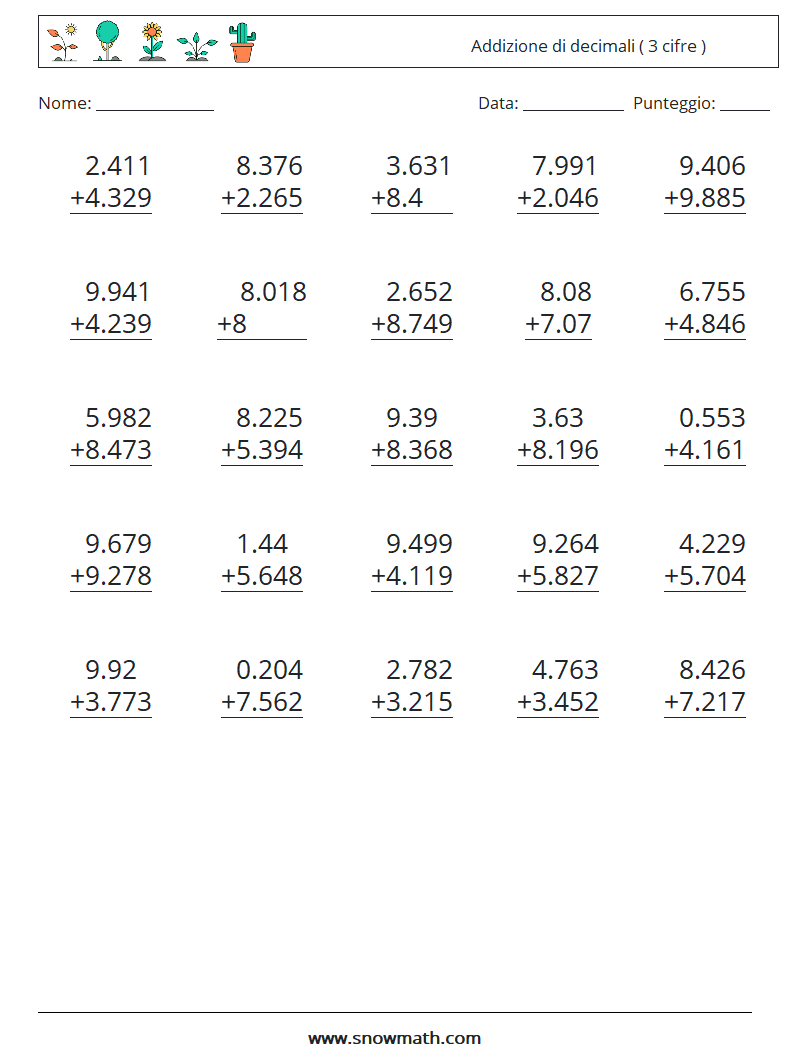 (25) Addizione di decimali ( 3 cifre ) Fogli di lavoro di matematica 10