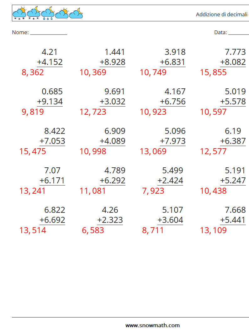 (25) Addizione di decimali ( 3 cifre ) Fogli di lavoro di matematica 12 Domanda, Risposta