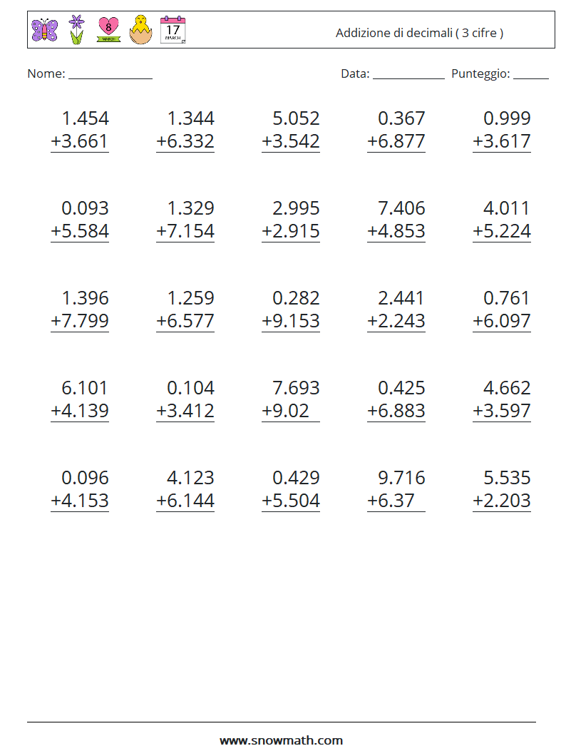 (25) Addizione di decimali ( 3 cifre ) Fogli di lavoro di matematica 13