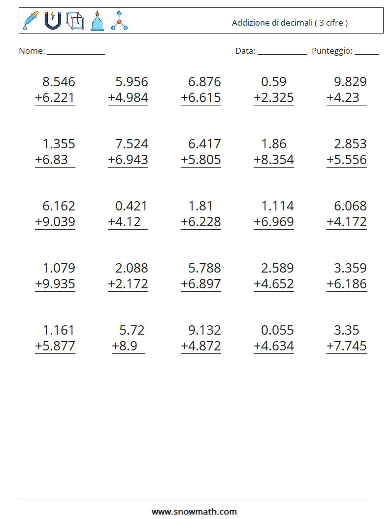 (25) Addizione di decimali ( 3 cifre ) Fogli di lavoro di matematica 14