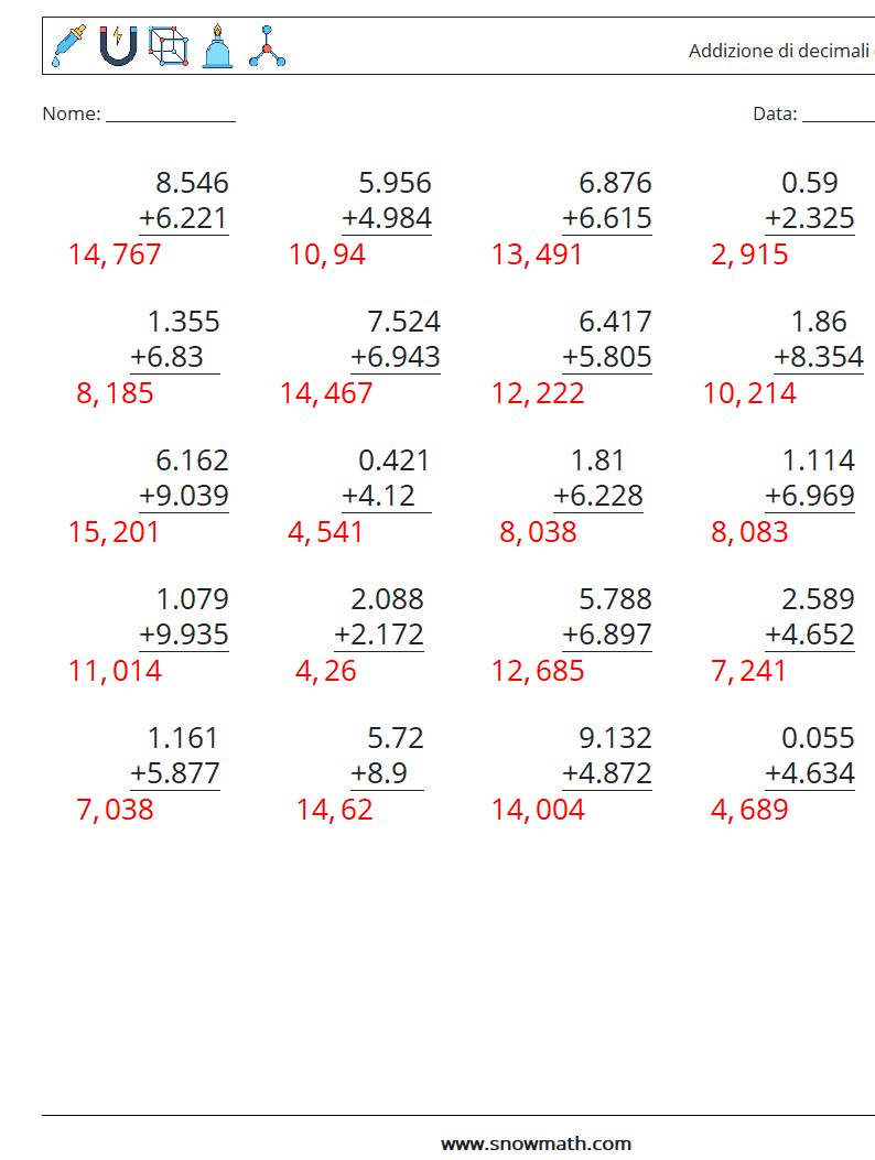 (25) Addizione di decimali ( 3 cifre ) Fogli di lavoro di matematica 14 Domanda, Risposta