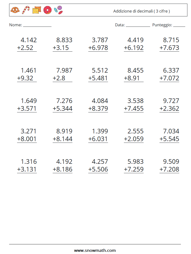 (25) Addizione di decimali ( 3 cifre ) Fogli di lavoro di matematica 15