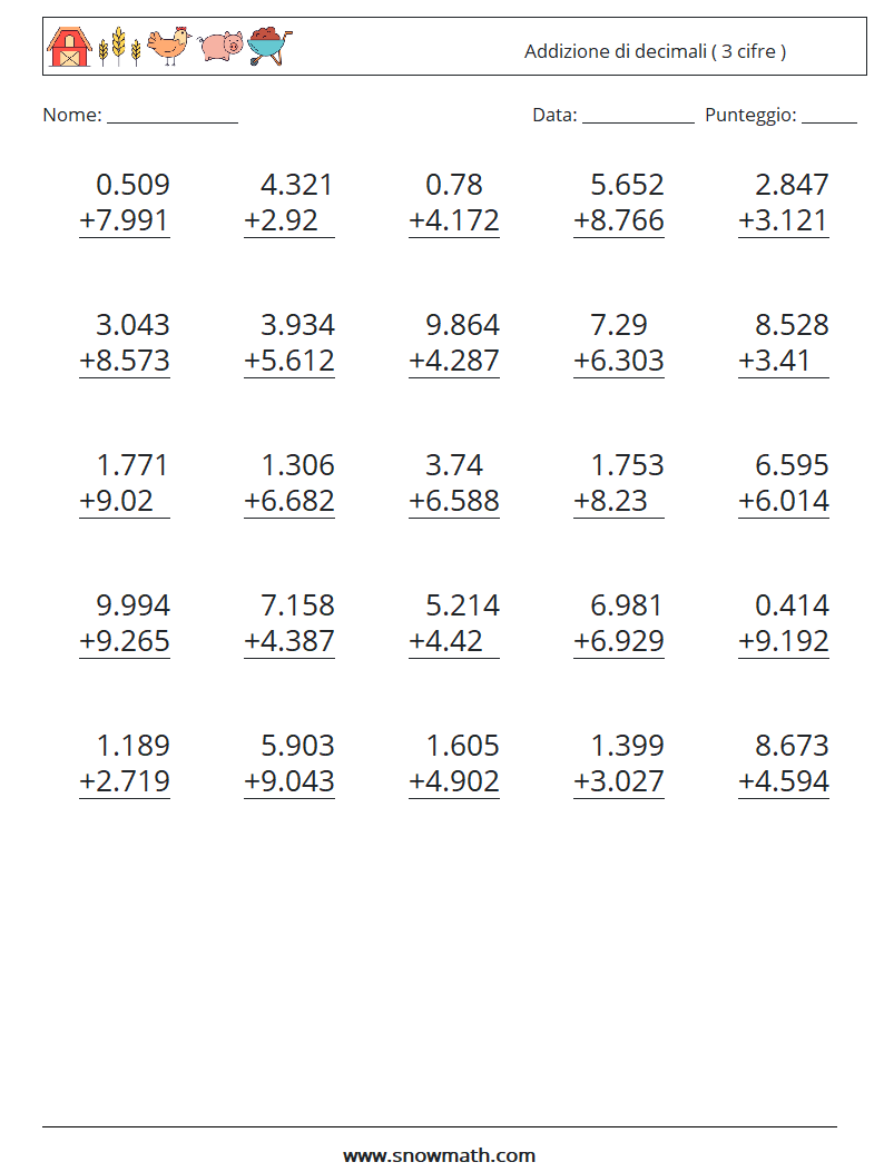 (25) Addizione di decimali ( 3 cifre ) Fogli di lavoro di matematica 16