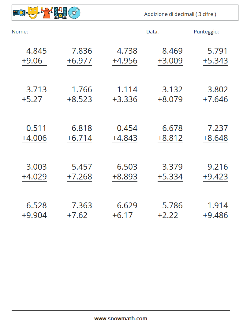 (25) Addizione di decimali ( 3 cifre ) Fogli di lavoro di matematica 18