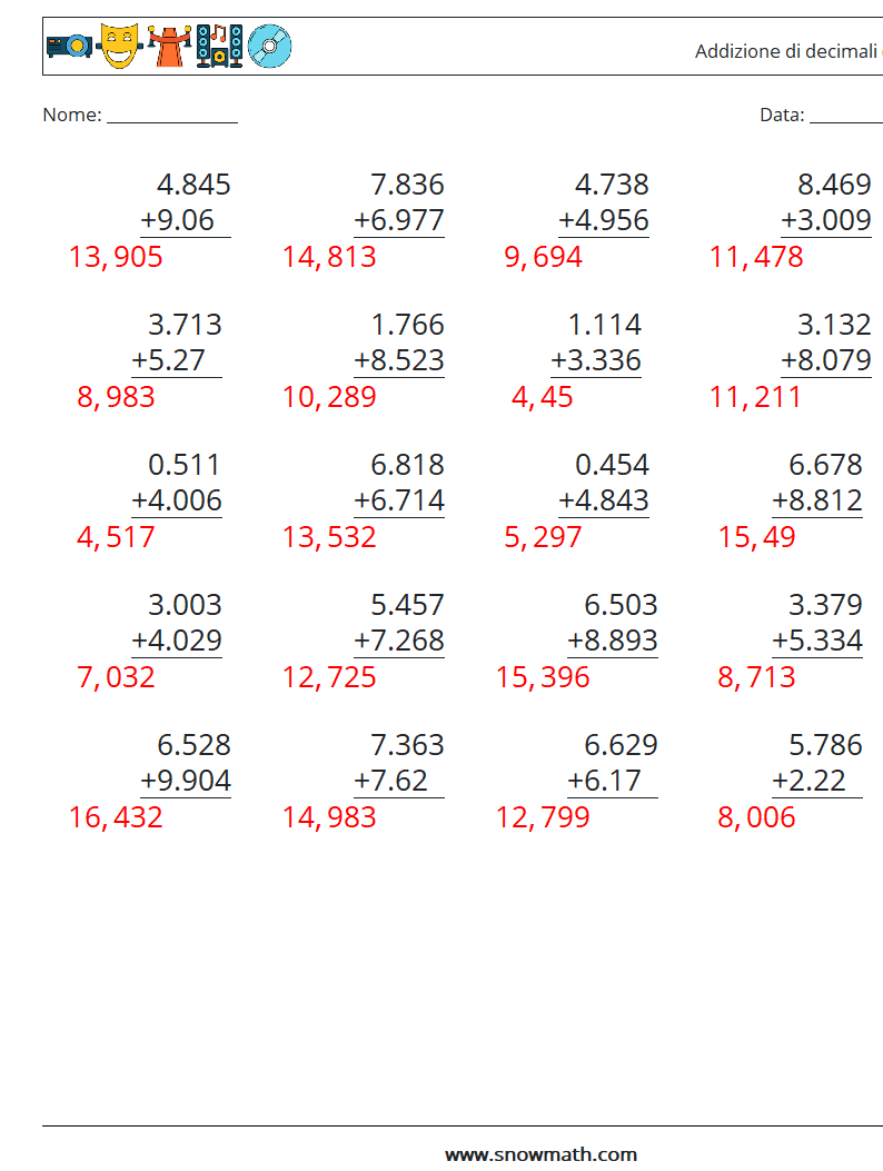 (25) Addizione di decimali ( 3 cifre ) Fogli di lavoro di matematica 18 Domanda, Risposta