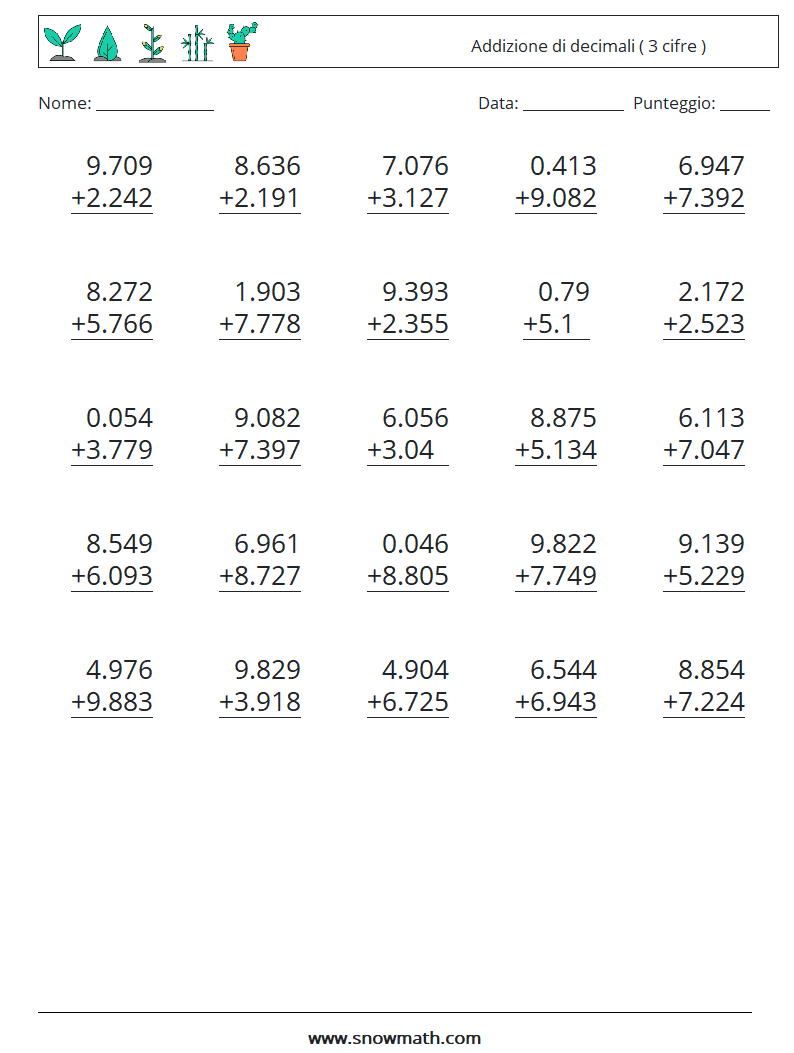 (25) Addizione di decimali ( 3 cifre ) Fogli di lavoro di matematica 7