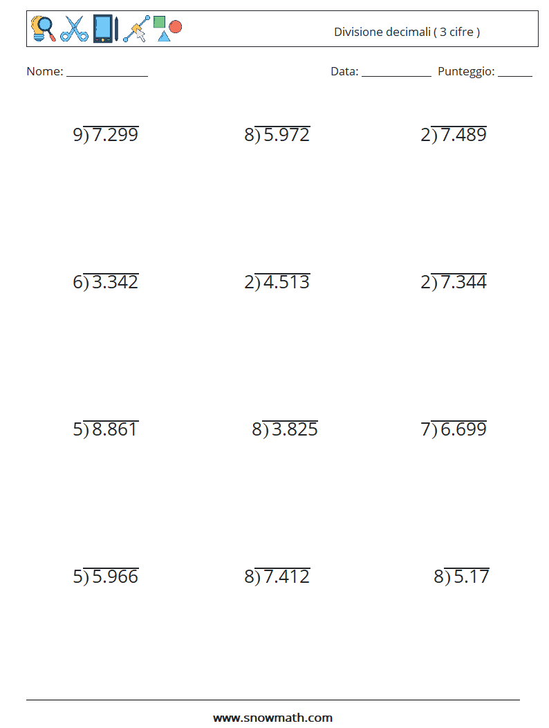 (12) Divisione decimali ( 3 cifre ) Fogli di lavoro di matematica 10