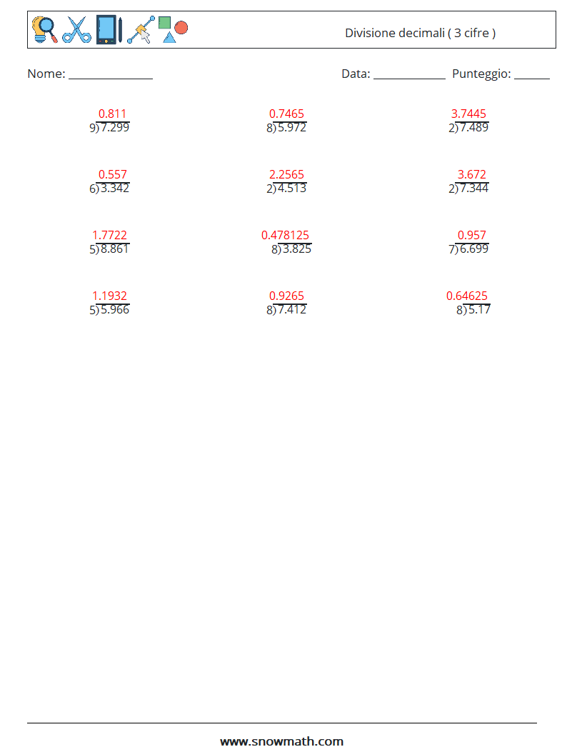 (12) Divisione decimali ( 3 cifre ) Fogli di lavoro di matematica 10 Domanda, Risposta