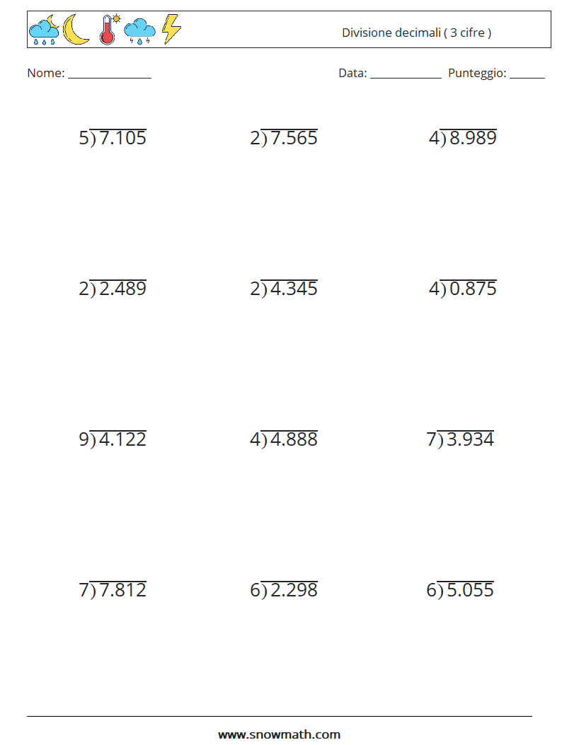 (12) Divisione decimali ( 3 cifre ) Fogli di lavoro di matematica 11