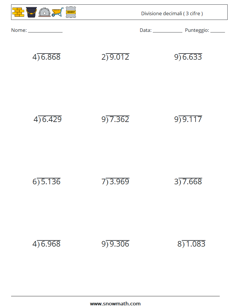 (12) Divisione decimali ( 3 cifre ) Fogli di lavoro di matematica 13