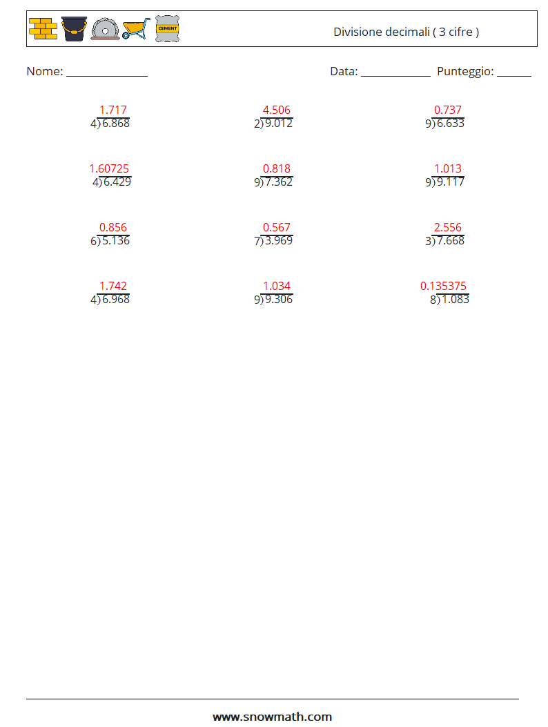 (12) Divisione decimali ( 3 cifre ) Fogli di lavoro di matematica 13 Domanda, Risposta