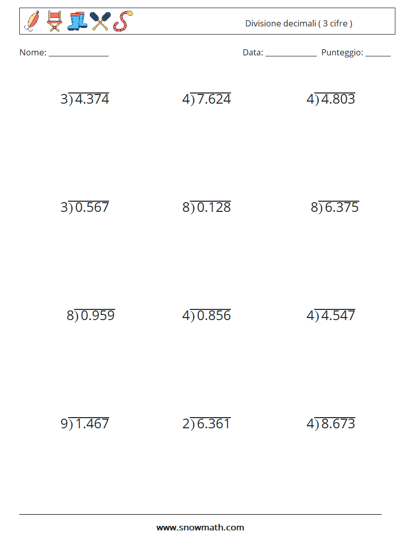 (12) Divisione decimali ( 3 cifre ) Fogli di lavoro di matematica 14