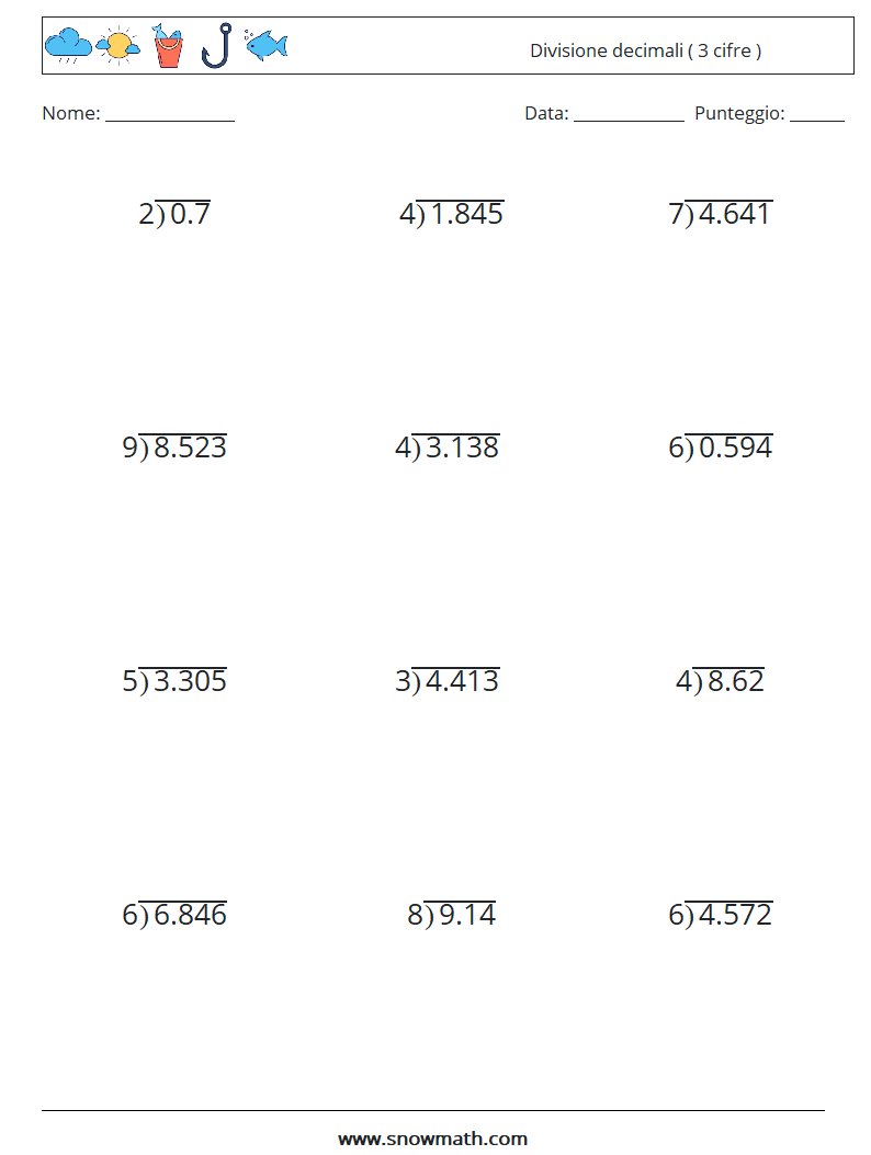 (12) Divisione decimali ( 3 cifre ) Fogli di lavoro di matematica 16