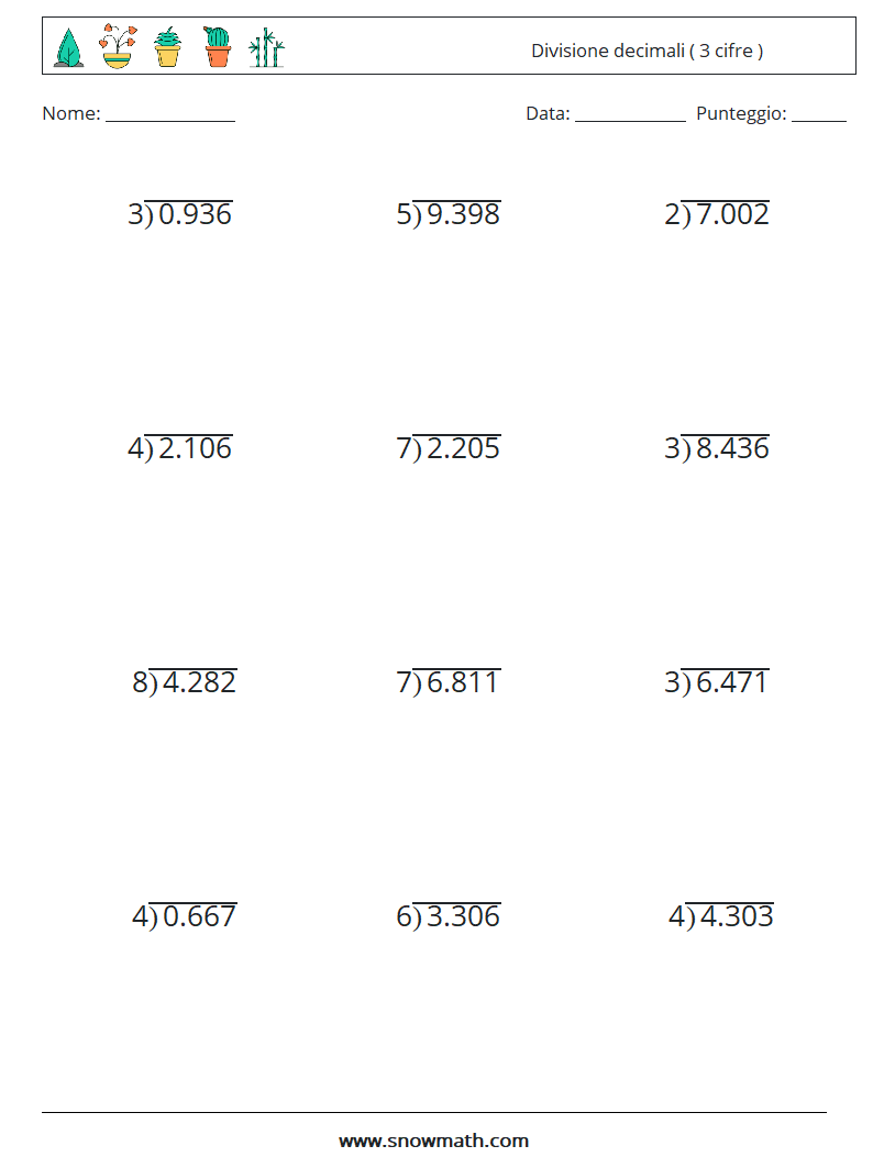 (12) Divisione decimali ( 3 cifre ) Fogli di lavoro di matematica 18