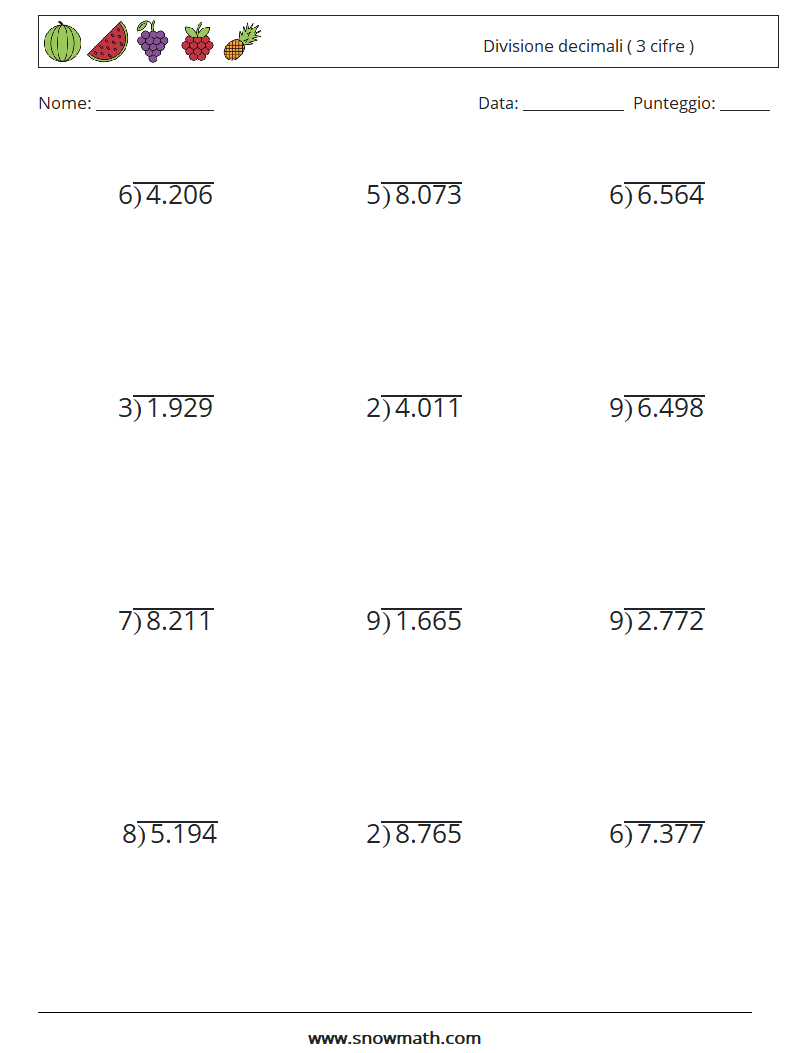 (12) Divisione decimali ( 3 cifre ) Fogli di lavoro di matematica 2