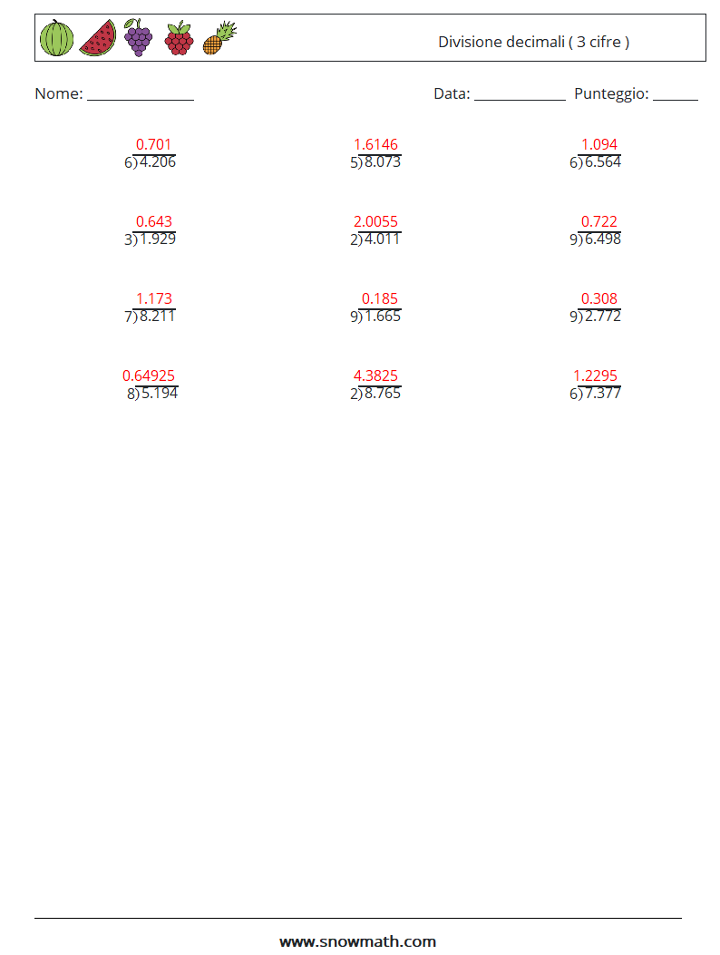 (12) Divisione decimali ( 3 cifre ) Fogli di lavoro di matematica 2 Domanda, Risposta