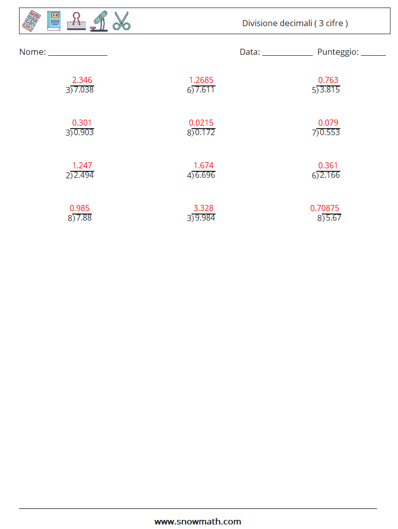 (12) Divisione decimali ( 3 cifre ) Fogli di lavoro di matematica 3 Domanda, Risposta