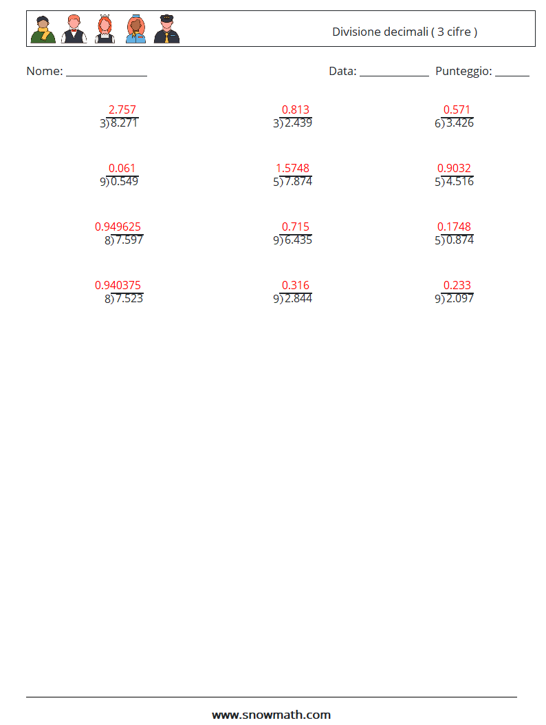 (12) Divisione decimali ( 3 cifre ) Fogli di lavoro di matematica 4 Domanda, Risposta