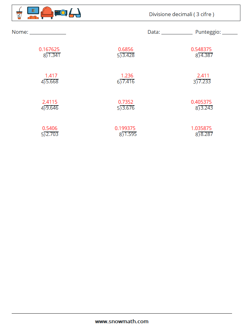 (12) Divisione decimali ( 3 cifre ) Fogli di lavoro di matematica 5 Domanda, Risposta