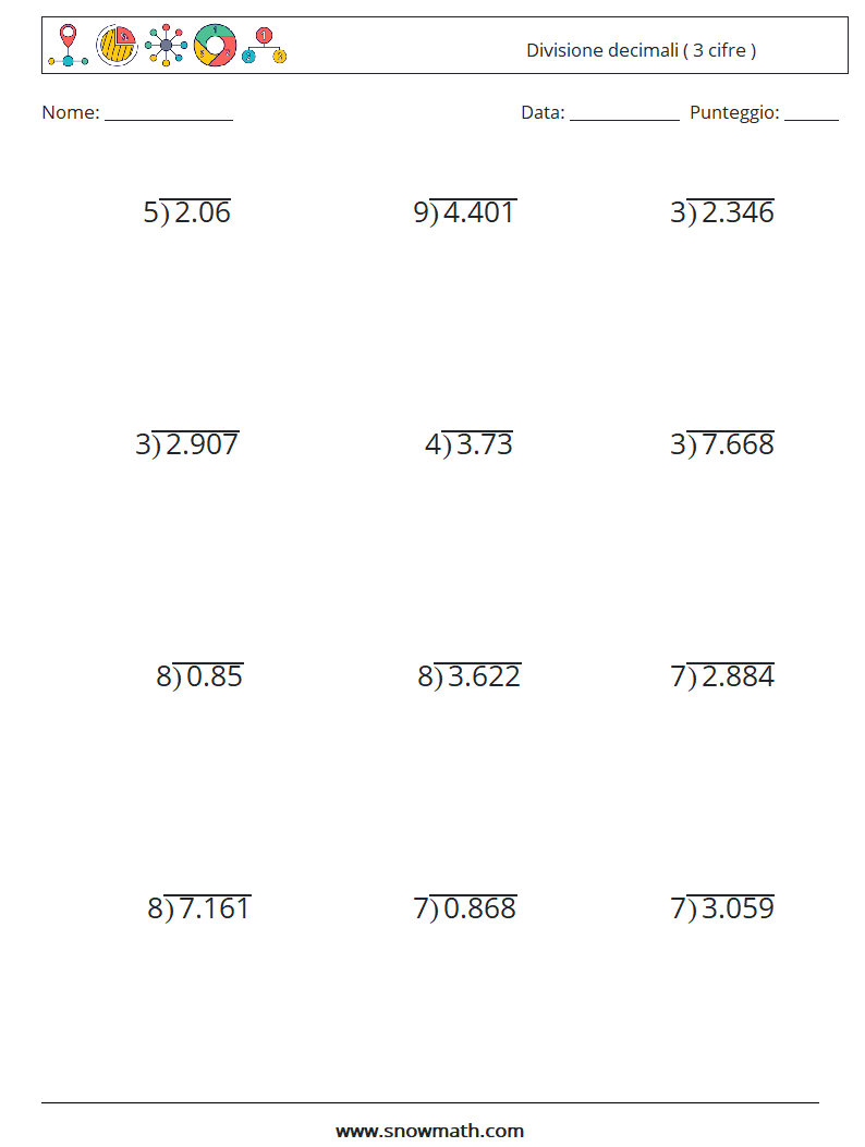 (12) Divisione decimali ( 3 cifre ) Fogli di lavoro di matematica 6