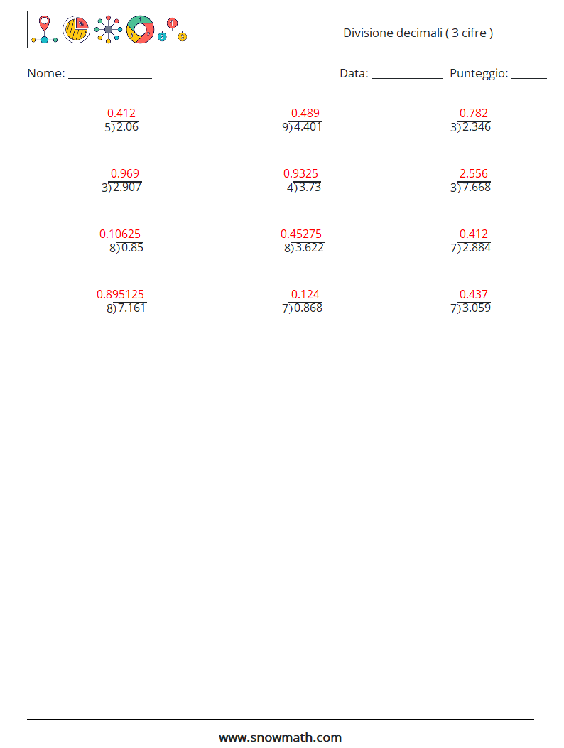 (12) Divisione decimali ( 3 cifre ) Fogli di lavoro di matematica 6 Domanda, Risposta