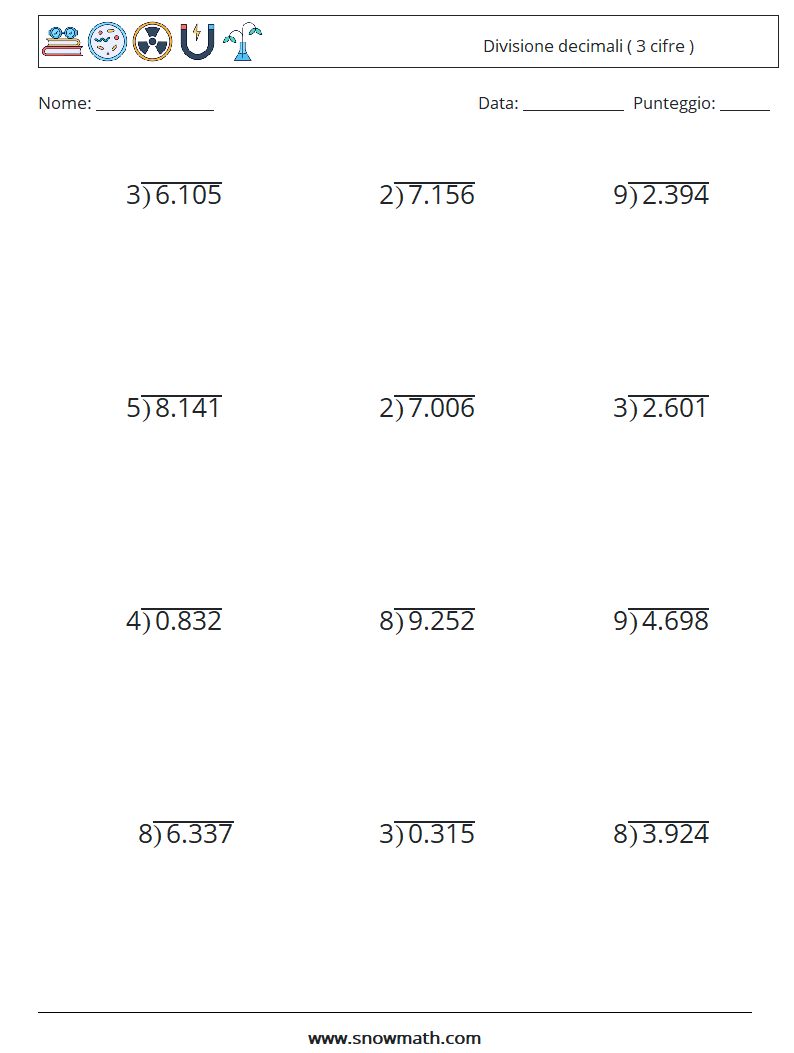 (12) Divisione decimali ( 3 cifre ) Fogli di lavoro di matematica 9