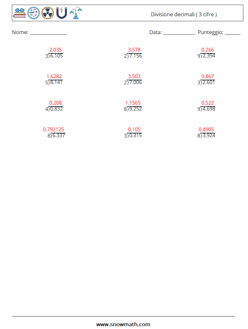 (12) Divisione decimali ( 3 cifre ) Fogli di lavoro di matematica 9 Domanda, Risposta