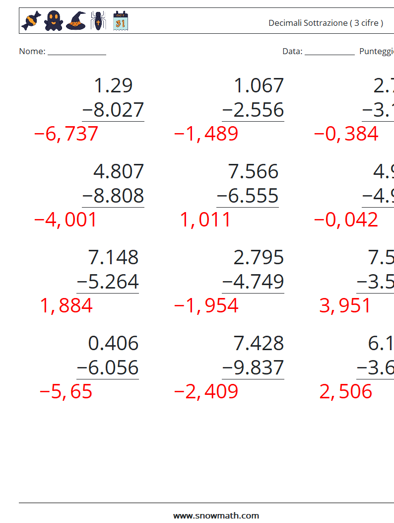 (12) Decimali Sottrazione ( 3 cifre ) Fogli di lavoro di matematica 15 Domanda, Risposta