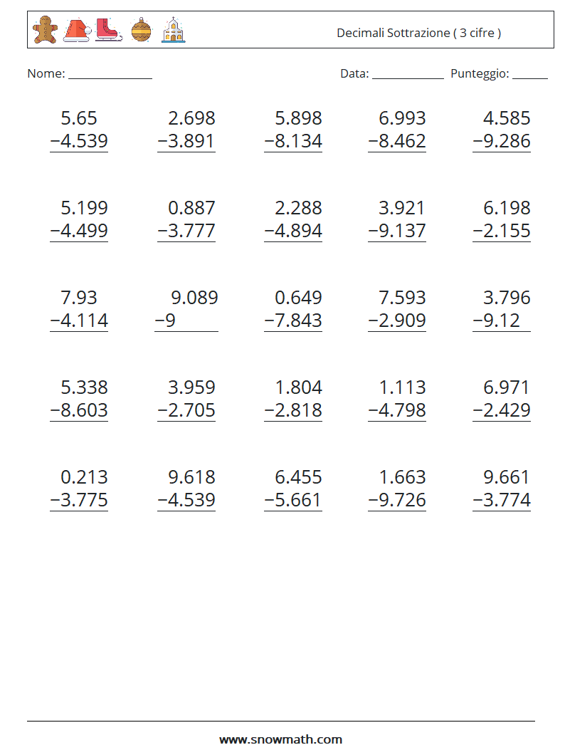 (25) Decimali Sottrazione ( 3 cifre ) Fogli di lavoro di matematica 10