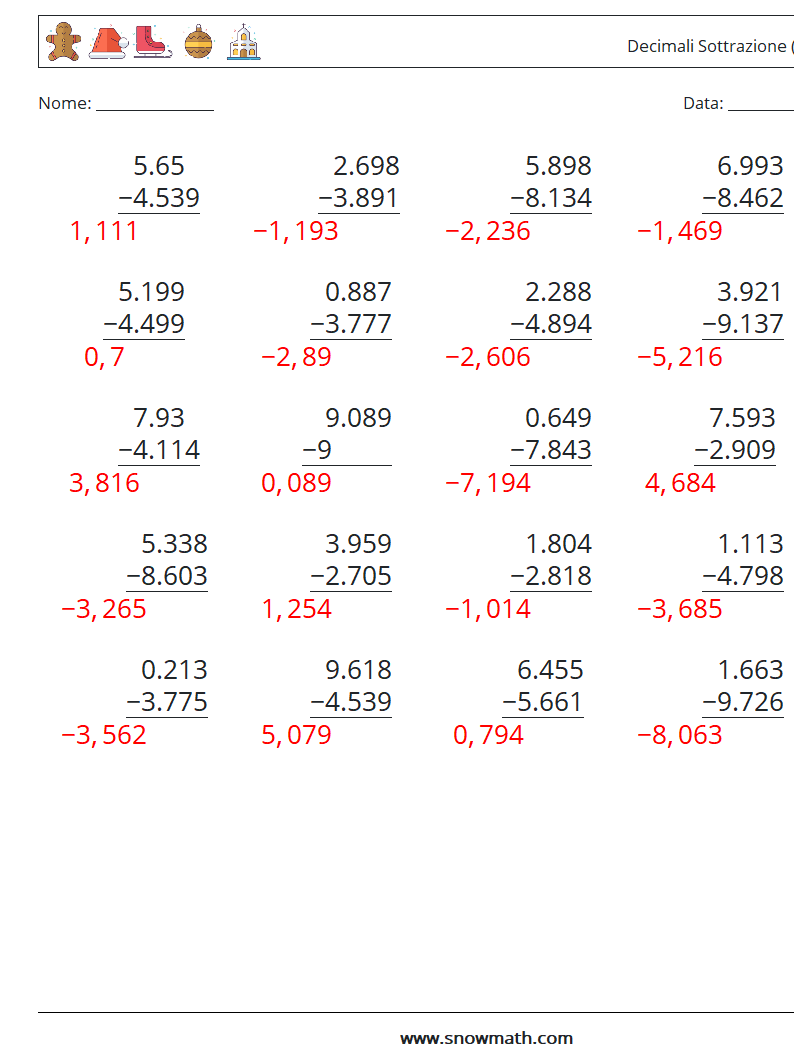 (25) Decimali Sottrazione ( 3 cifre ) Fogli di lavoro di matematica 10 Domanda, Risposta