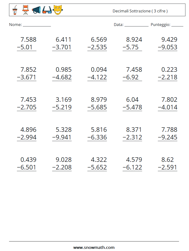 (25) Decimali Sottrazione ( 3 cifre ) Fogli di lavoro di matematica 13