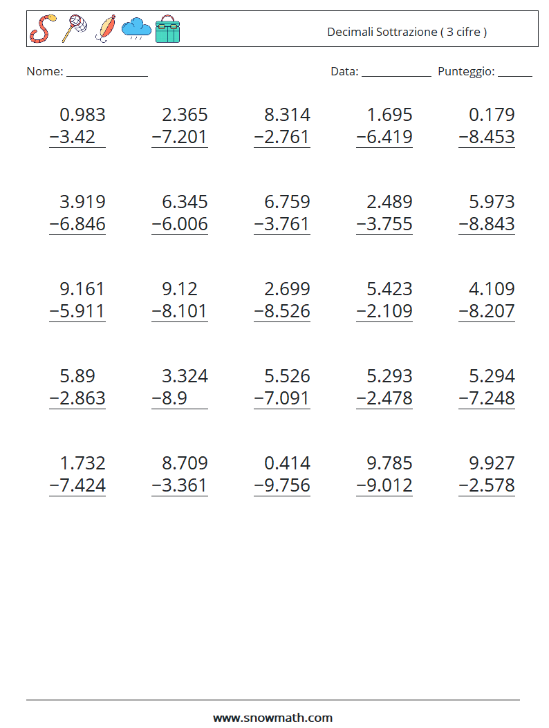 (25) Decimali Sottrazione ( 3 cifre ) Fogli di lavoro di matematica 15