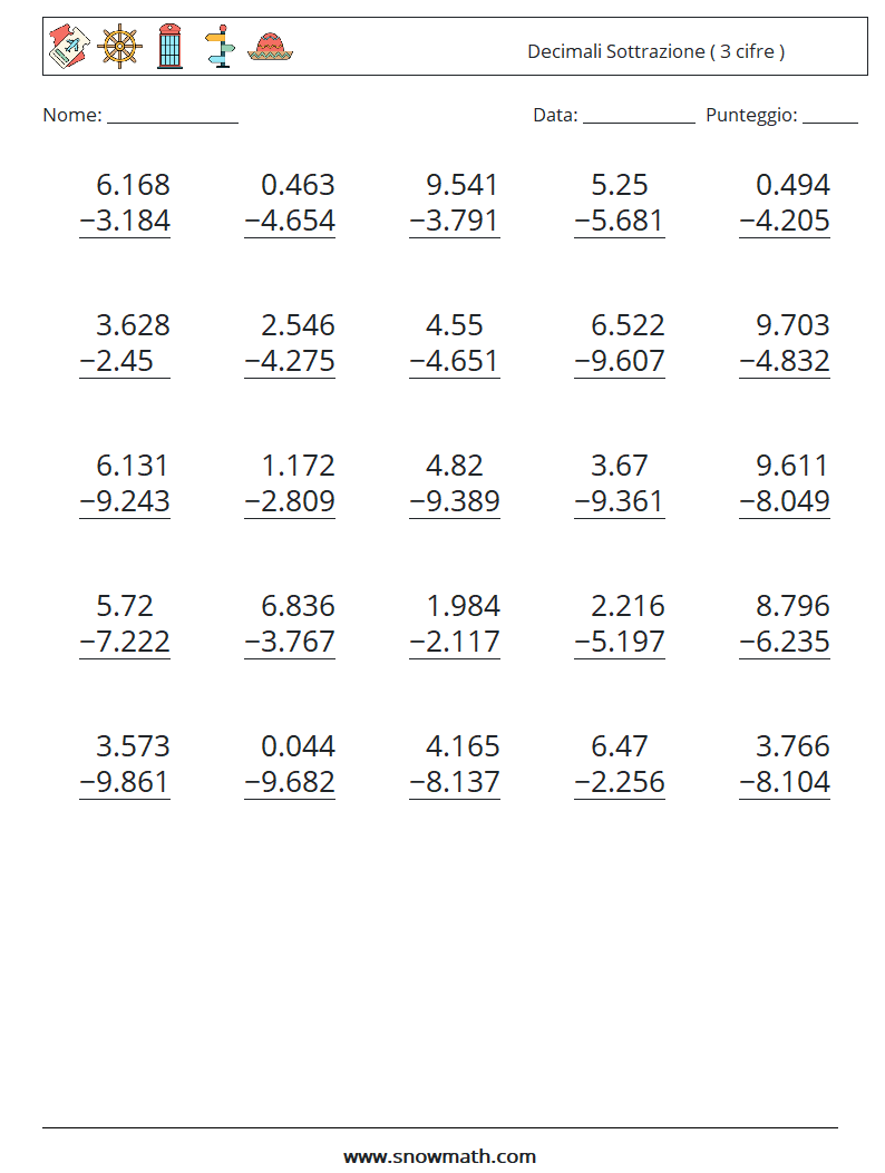 (25) Decimali Sottrazione ( 3 cifre ) Fogli di lavoro di matematica 16