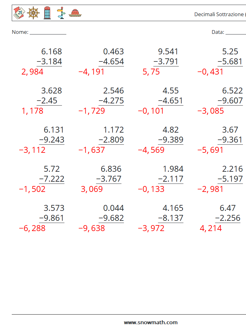 (25) Decimali Sottrazione ( 3 cifre ) Fogli di lavoro di matematica 16 Domanda, Risposta