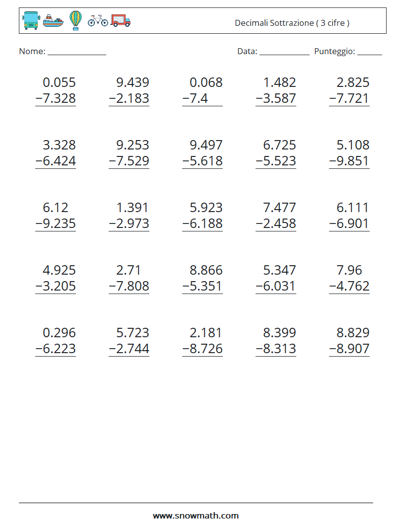 (25) Decimali Sottrazione ( 3 cifre ) Fogli di lavoro di matematica 17