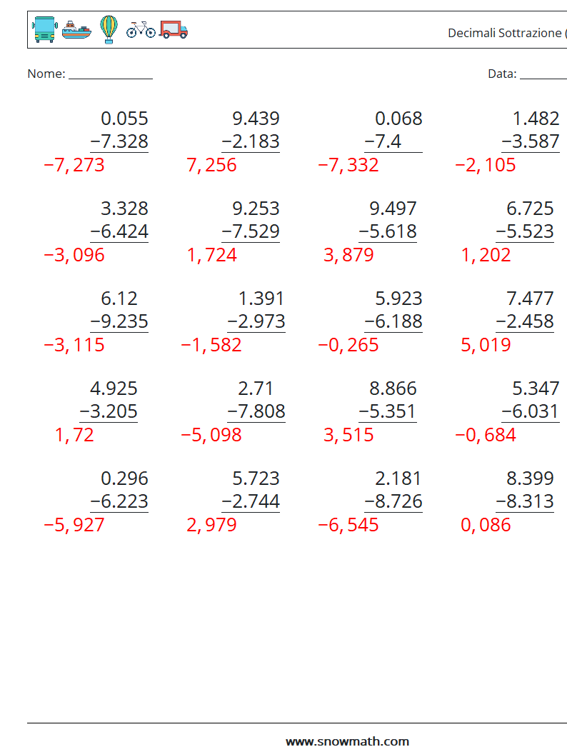 (25) Decimali Sottrazione ( 3 cifre ) Fogli di lavoro di matematica 17 Domanda, Risposta