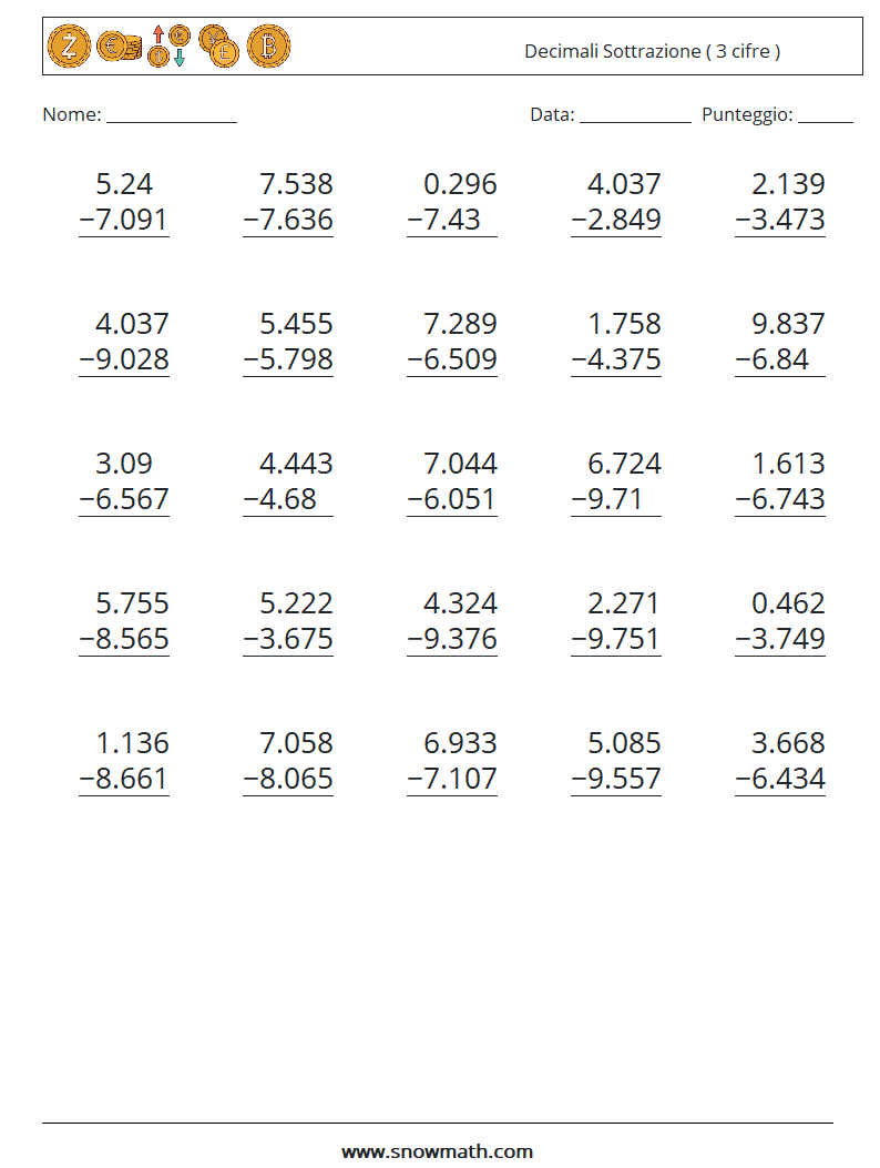 (25) Decimali Sottrazione ( 3 cifre ) Fogli di lavoro di matematica 18