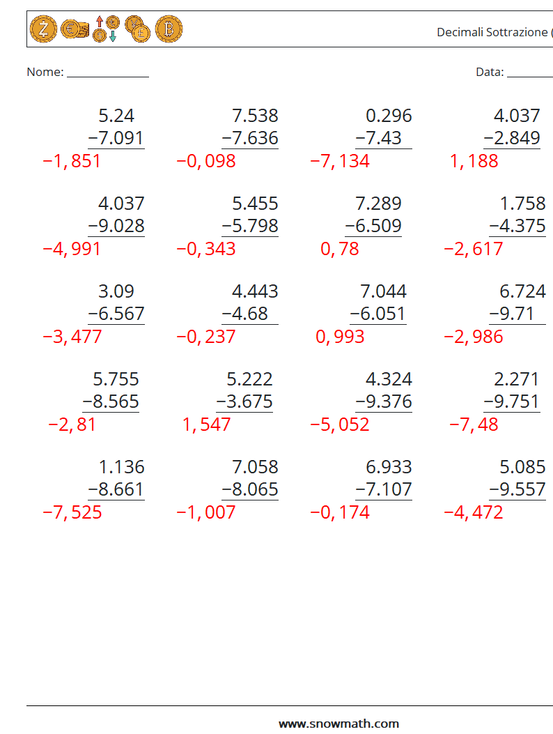 (25) Decimali Sottrazione ( 3 cifre ) Fogli di lavoro di matematica 18 Domanda, Risposta